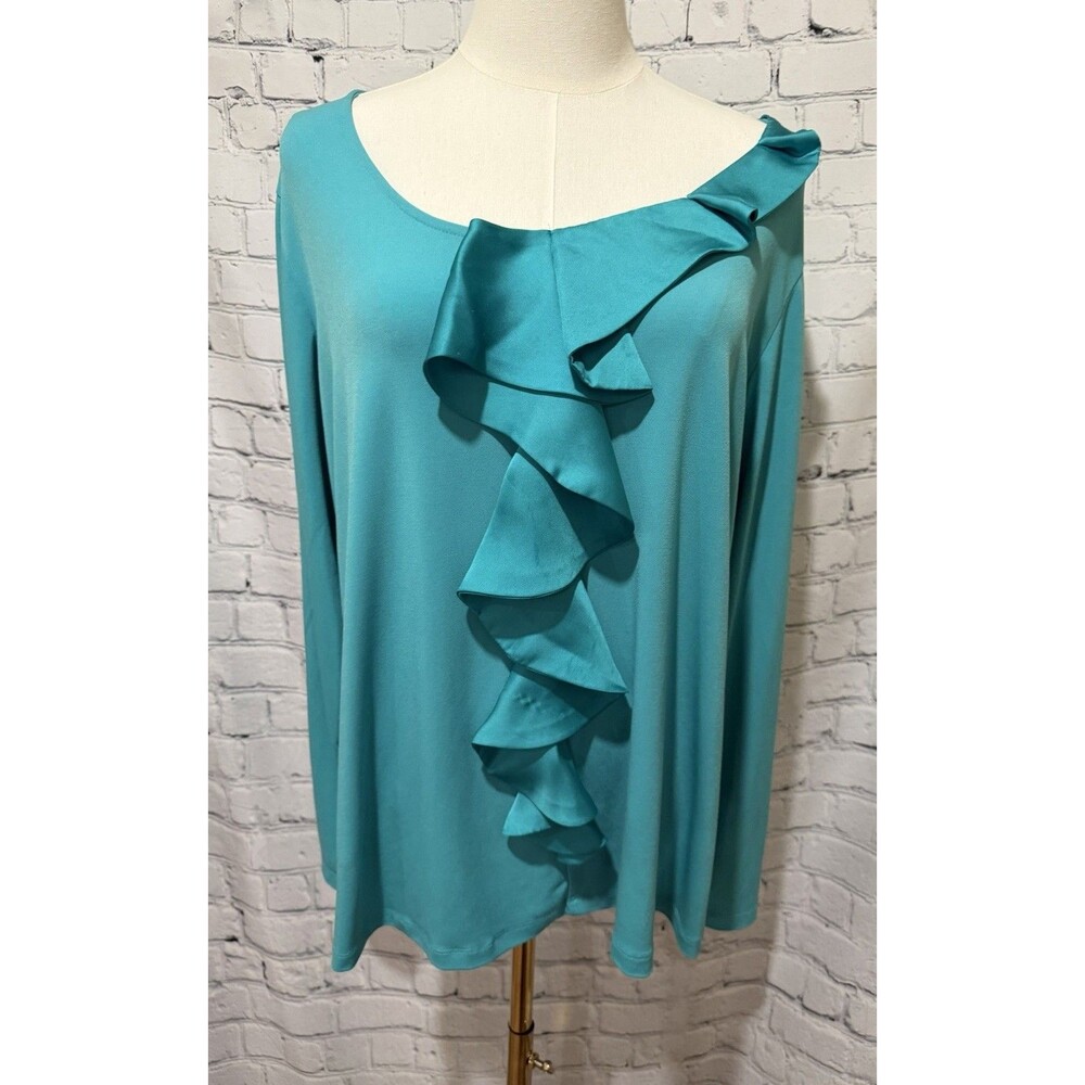 Susan Graver QVC Teal Liquid Knit Asymmetrical Cascading Ruffle Top Size Large